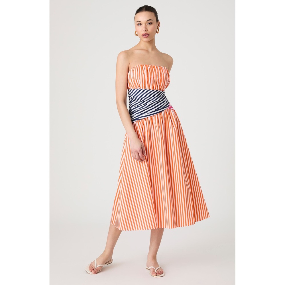 French Connection Orange Striped Strapless Cotton Midi Dress Size 8